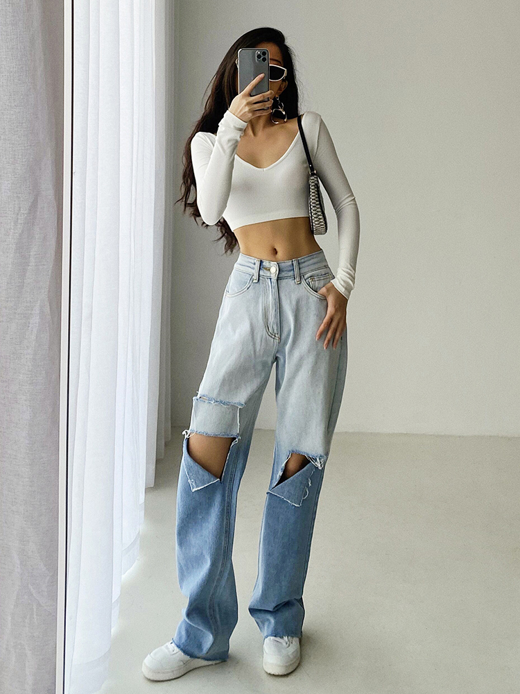 2022 Hole High Waist Loose Gradient Jeans Women Fashion Casual Straight Pants Chic Color Block Washed Vintage Trousers